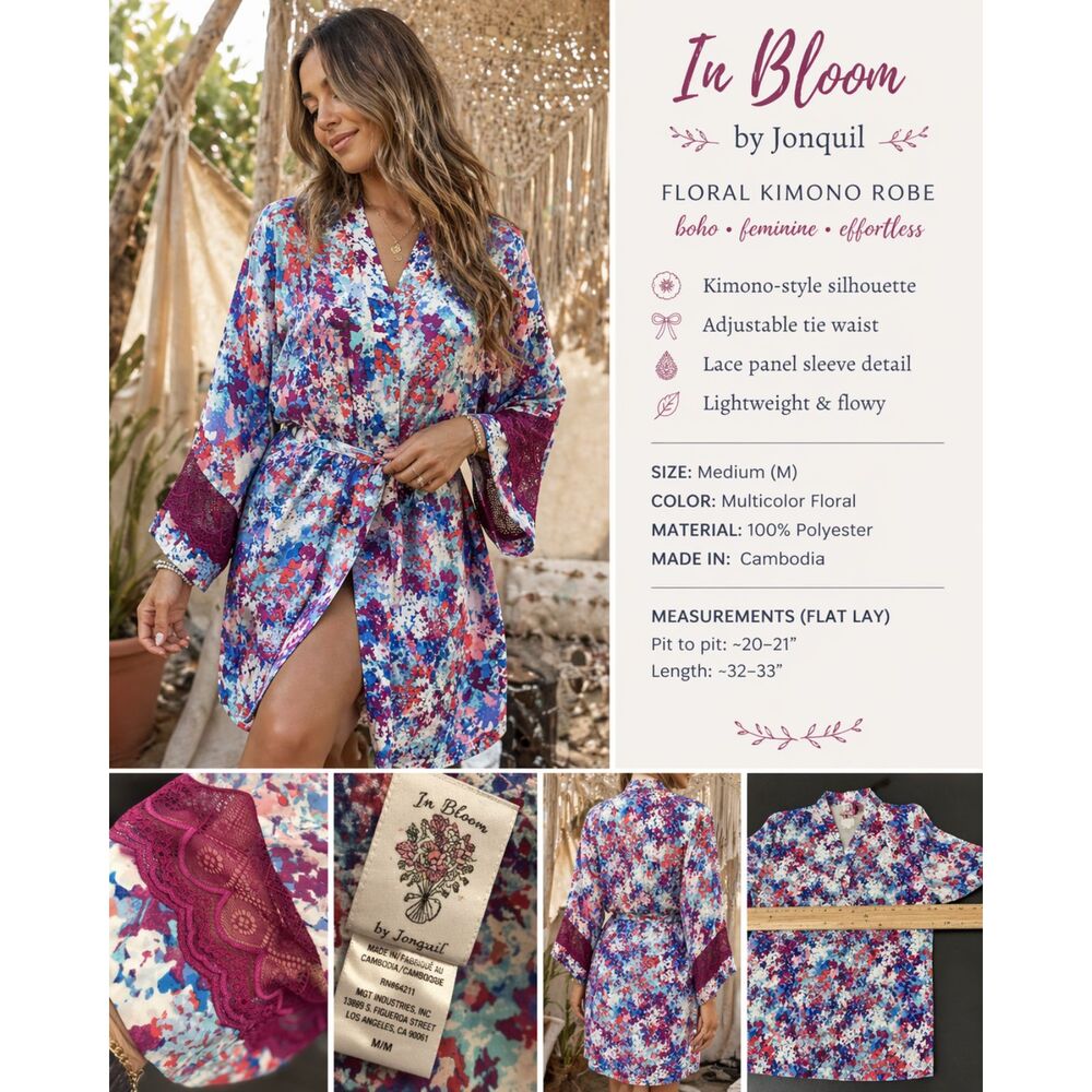 In Bloom by Jonquil Kimono Robe M Floral Tie Waist Lace Sleeve Boho Lounge